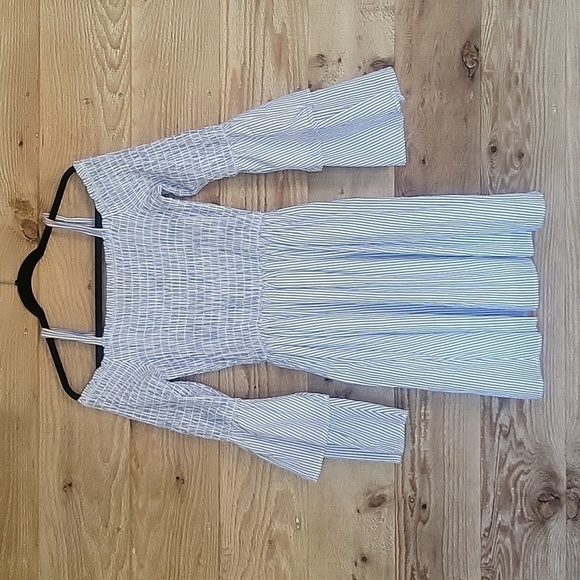 Altar'd State Small Blue and White Striped Off the Shoulder Bell Sleeve Dress - Picture 1 of 7